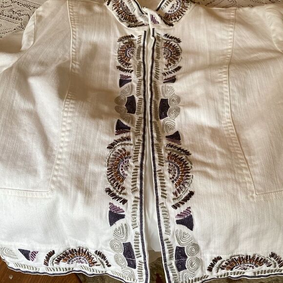 Embellished & Embroidered Coldwater Creek White Denim Open Front Jacket Size PL - Picture 9 of 12